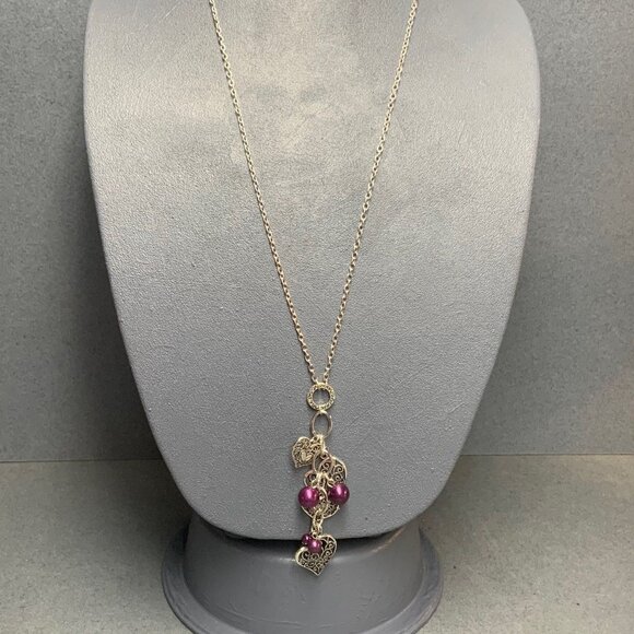Long Purple Pearl Necklace 30 In Silver Chain Filigree Heart Dangles Retro BoHo - Picture 2 of 6